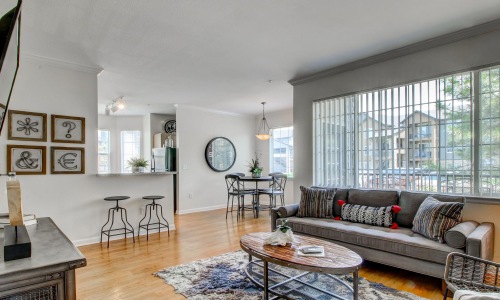 a living room with a large window